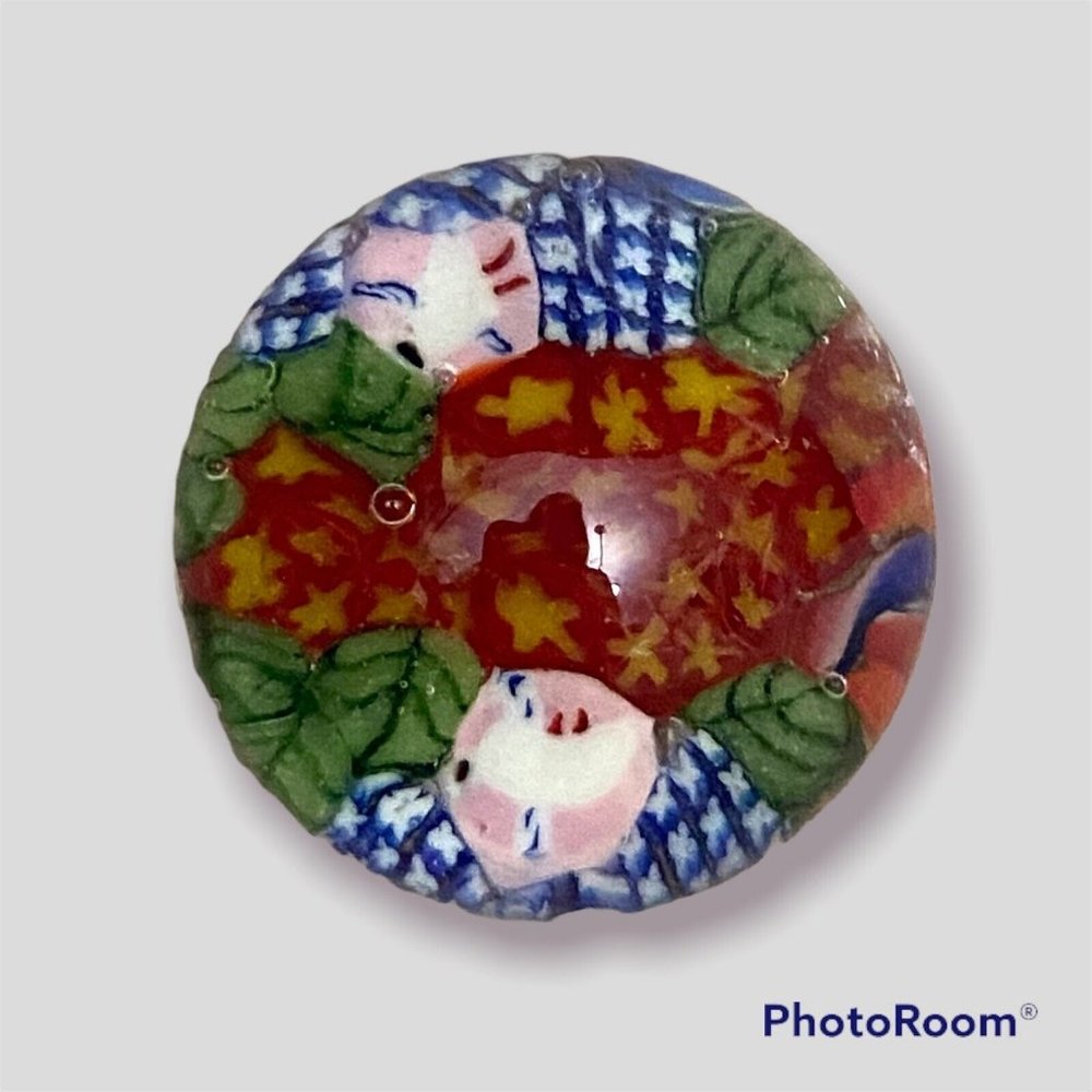 Art Glass Paperweight Red Yellow Stars Birds‎ Green Leaves Millefiori